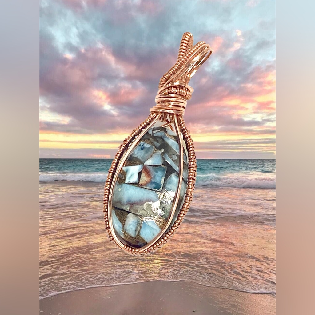 Handmade Copper Larimar Composite Statement Pendant Hand Wrapped Copper Wire 53$